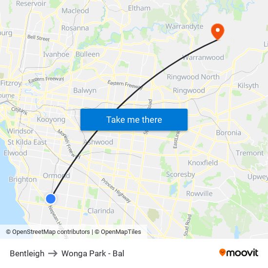 Bentleigh to Wonga Park - Bal map