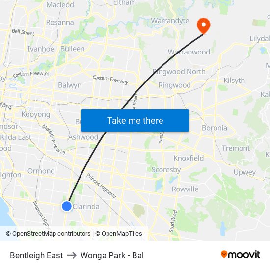 Bentleigh East to Wonga Park - Bal map