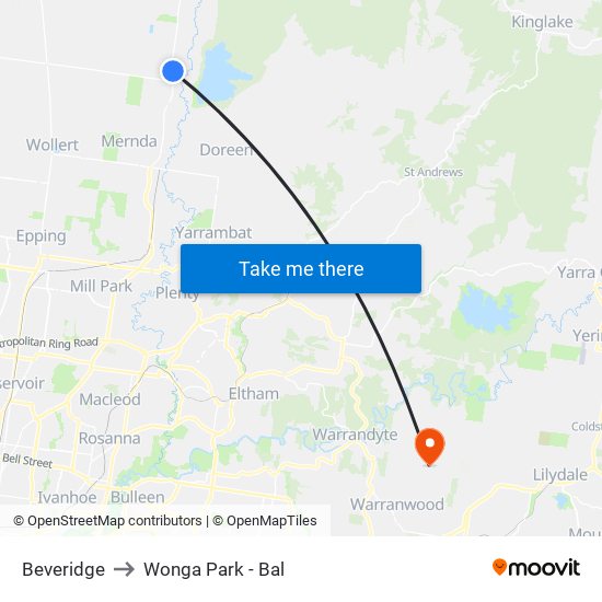 Beveridge to Wonga Park - Bal map