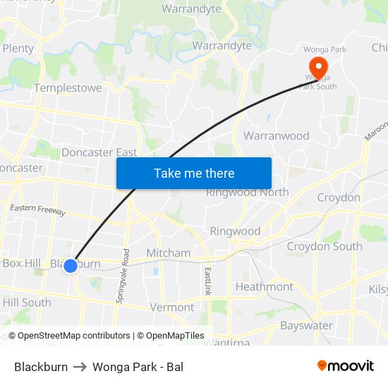 Blackburn to Wonga Park - Bal map