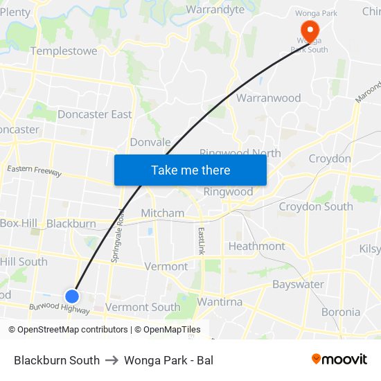 Blackburn South to Wonga Park - Bal map