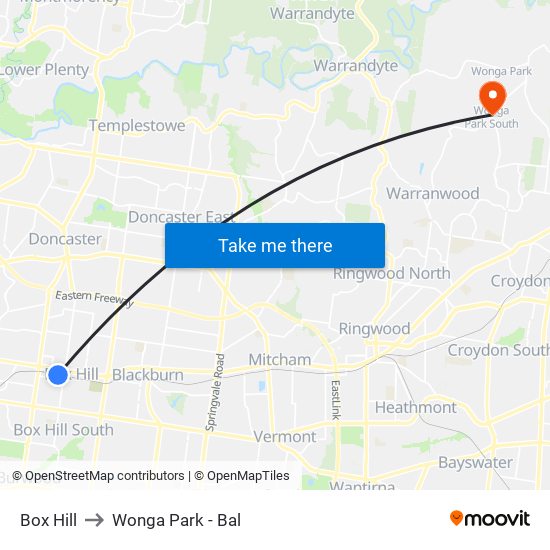 Box Hill to Wonga Park - Bal map