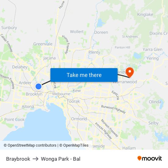 Braybrook to Wonga Park - Bal map