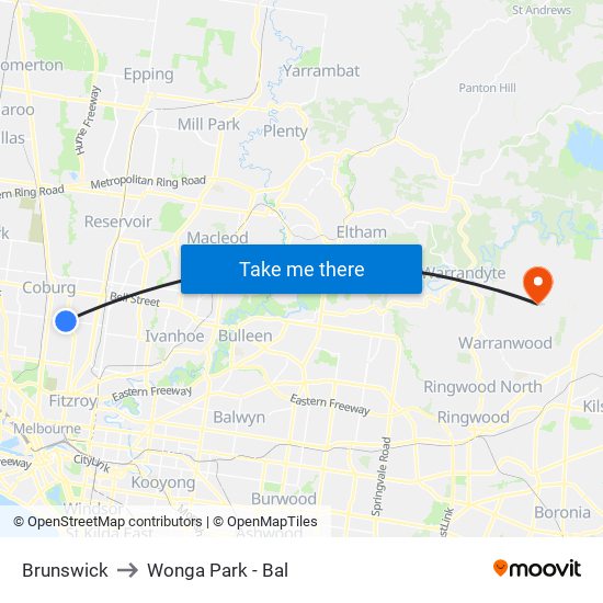 Brunswick to Wonga Park - Bal map