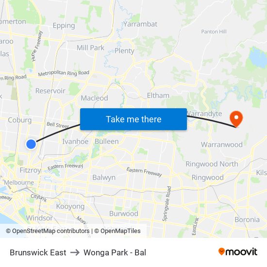 Brunswick East to Wonga Park - Bal map