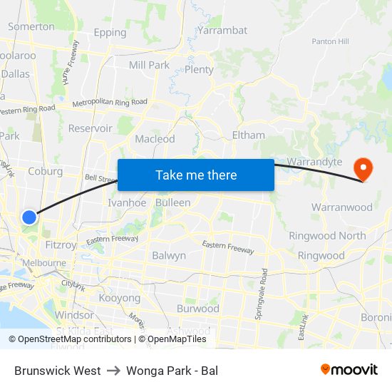 Brunswick West to Wonga Park - Bal map