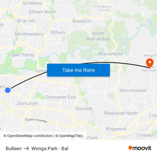 Bulleen to Wonga Park - Bal map