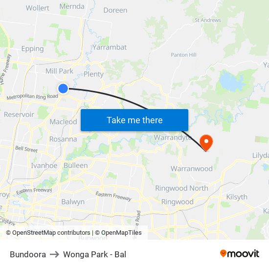 Bundoora to Wonga Park - Bal map