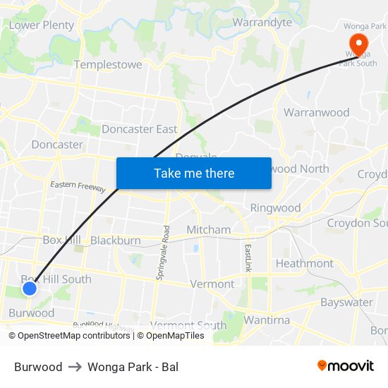 Burwood to Wonga Park - Bal map