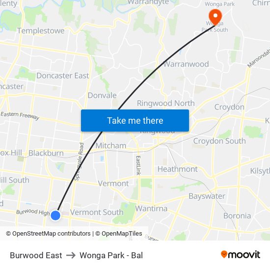 Burwood East to Wonga Park - Bal map