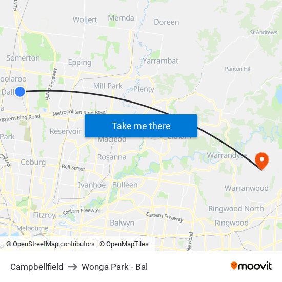 Campbellfield to Wonga Park - Bal map