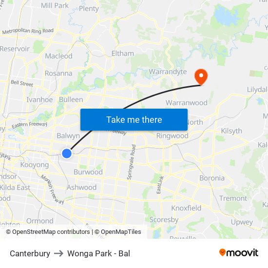 Canterbury to Wonga Park - Bal map