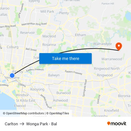 Carlton to Wonga Park - Bal map