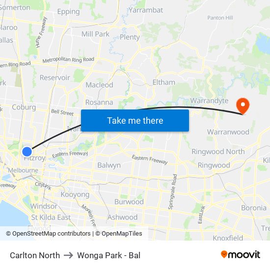 Carlton North to Wonga Park - Bal map