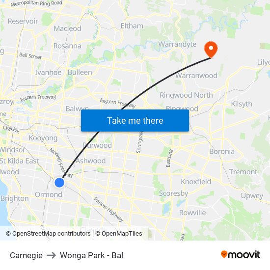 Carnegie to Wonga Park - Bal map