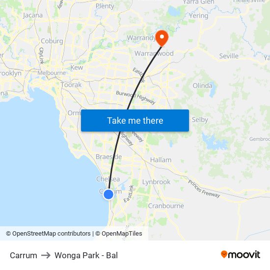 Carrum to Wonga Park - Bal map