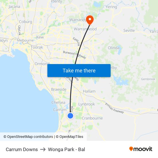 Carrum Downs to Wonga Park - Bal map