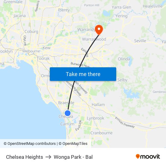 Chelsea Heights to Wonga Park - Bal map