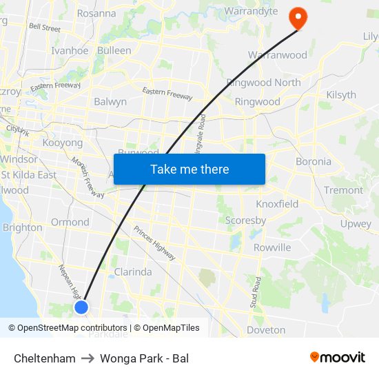 Cheltenham to Wonga Park - Bal map