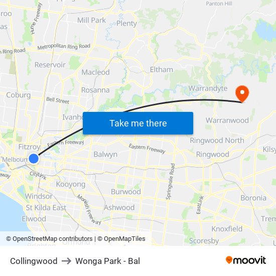 Collingwood to Wonga Park - Bal map