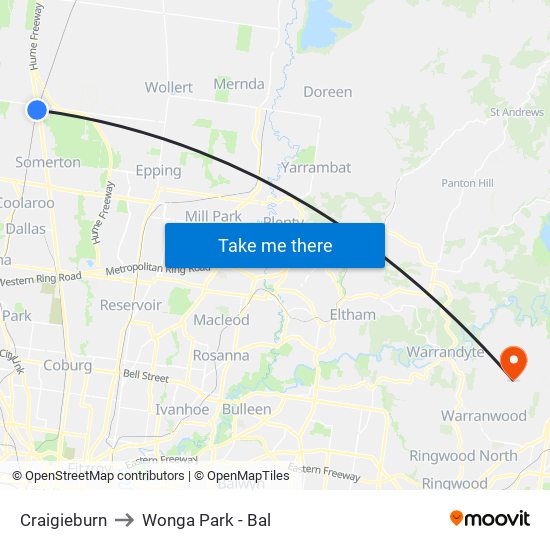 Craigieburn to Wonga Park - Bal map