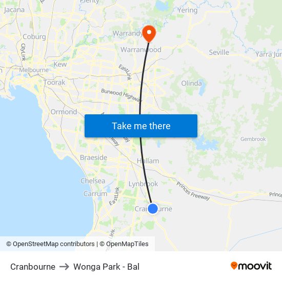 Cranbourne to Wonga Park - Bal map