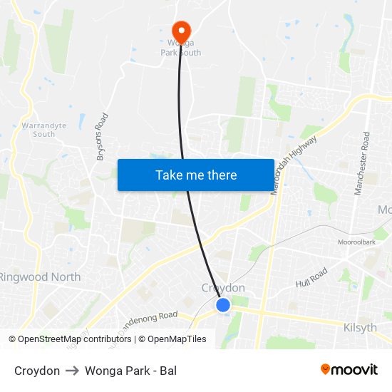 Croydon to Wonga Park - Bal map