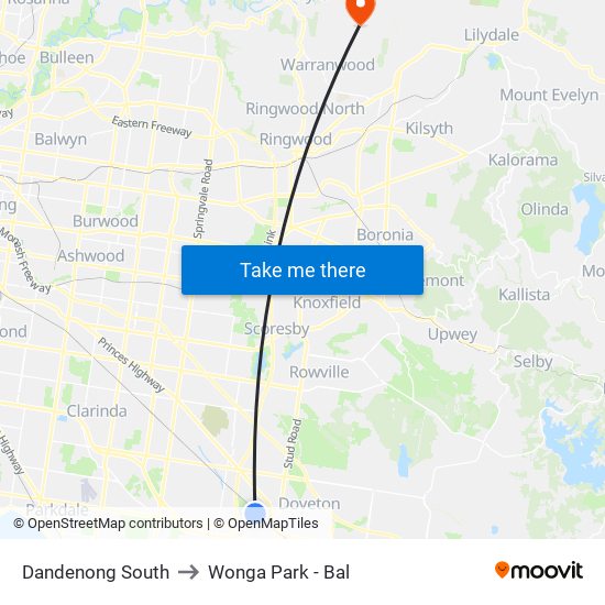 Dandenong South to Wonga Park - Bal map