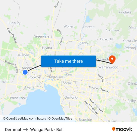 Derrimut to Wonga Park - Bal map