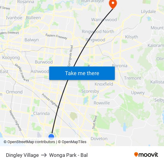 Dingley Village to Wonga Park - Bal map