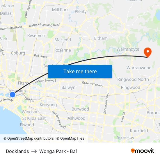 Docklands to Wonga Park - Bal map