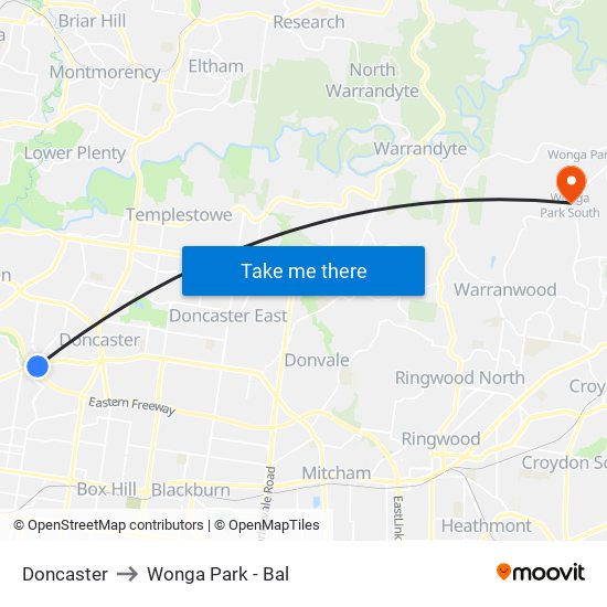 Doncaster to Wonga Park - Bal map
