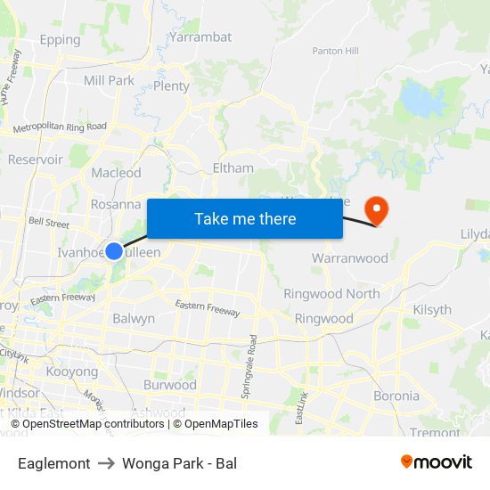 Eaglemont to Wonga Park - Bal map