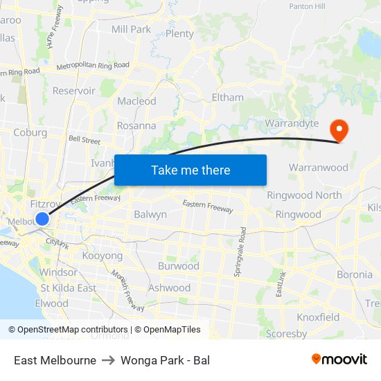 East Melbourne to Wonga Park - Bal map