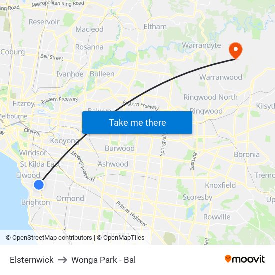 Elsternwick to Wonga Park - Bal map