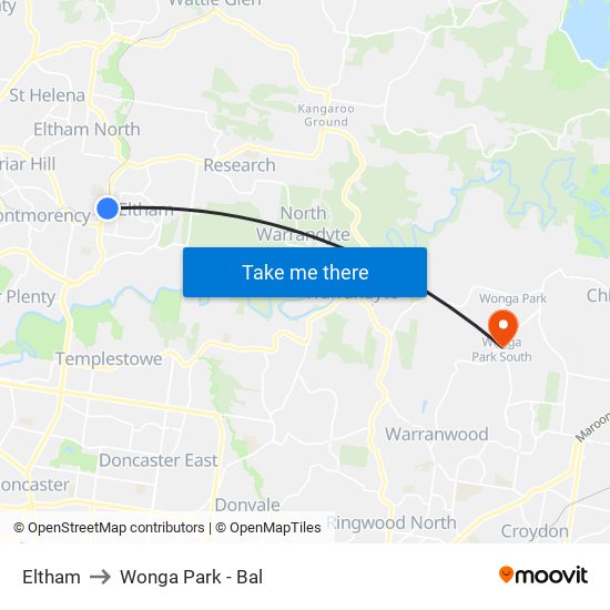 Eltham to Wonga Park - Bal map