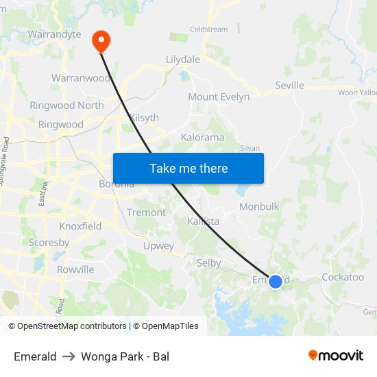 Emerald to Wonga Park - Bal map