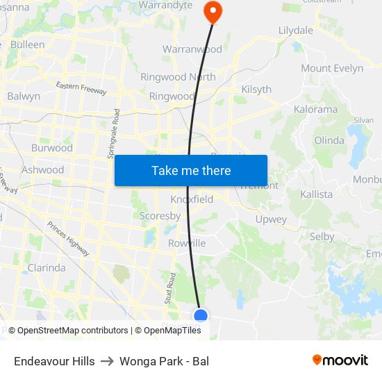 Endeavour Hills to Wonga Park - Bal map