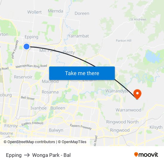 Epping to Wonga Park - Bal map