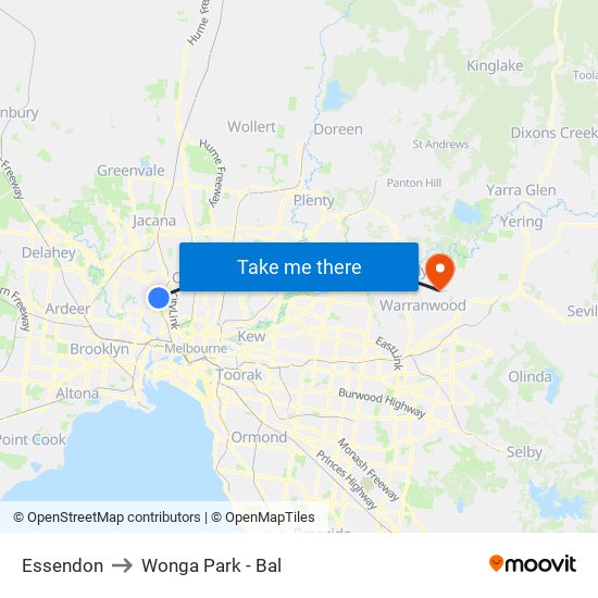 Essendon to Wonga Park - Bal map