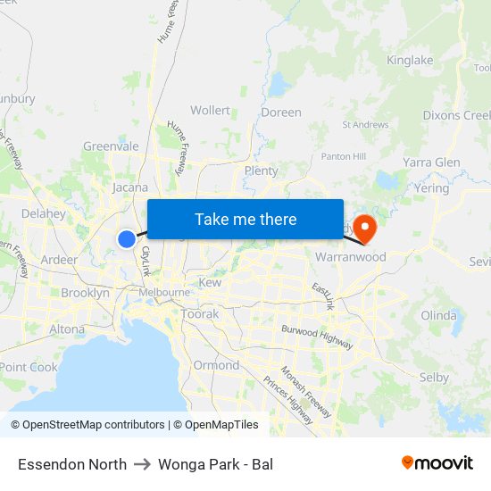 Essendon North to Wonga Park - Bal map