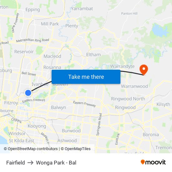 Fairfield to Wonga Park - Bal map