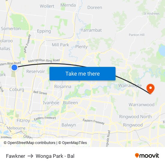 Fawkner to Wonga Park - Bal map