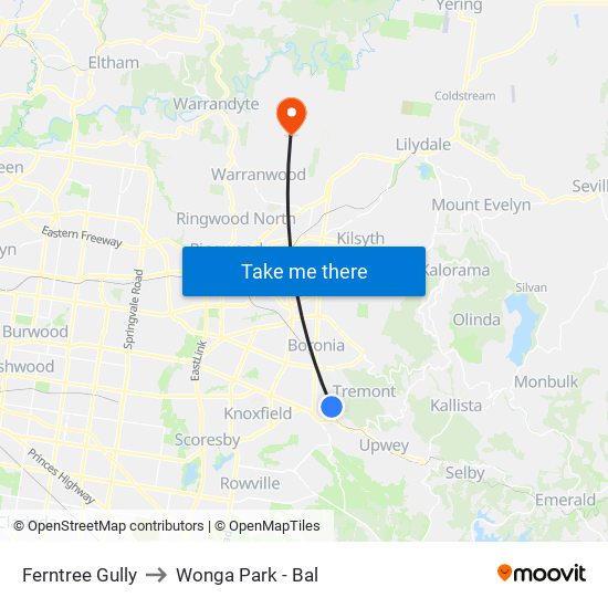 Ferntree Gully to Wonga Park - Bal map