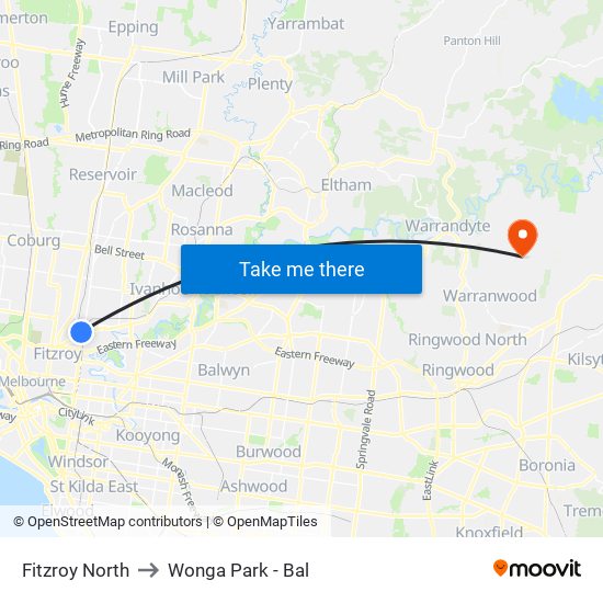 Fitzroy North to Wonga Park - Bal map