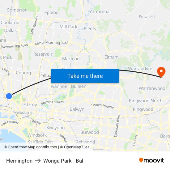 Flemington to Wonga Park - Bal map