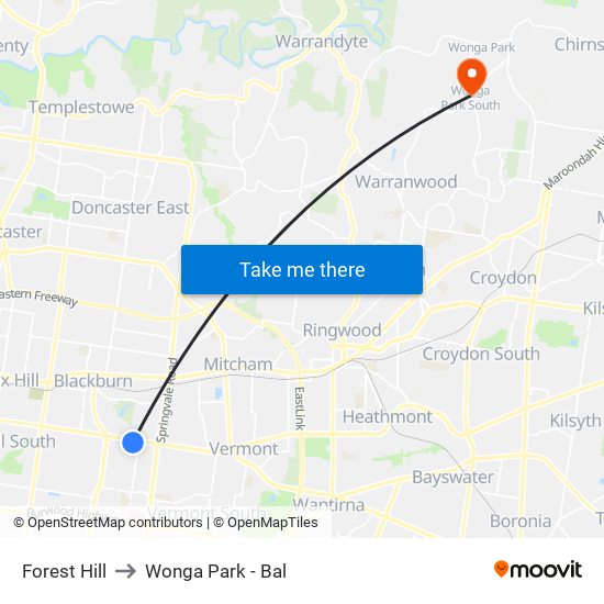 Forest Hill to Wonga Park - Bal map