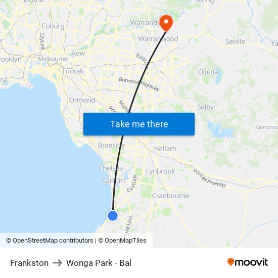 Frankston to Wonga Park - Bal map