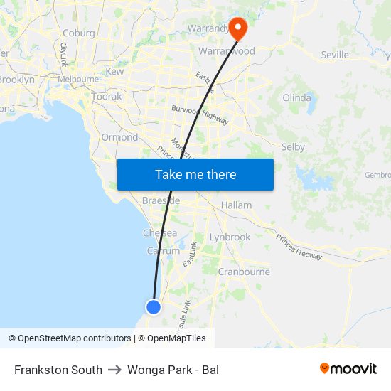 Frankston South to Wonga Park - Bal map