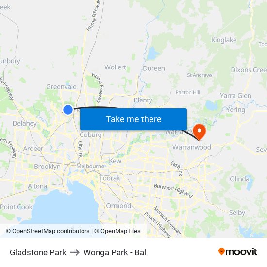 Gladstone Park to Wonga Park - Bal map